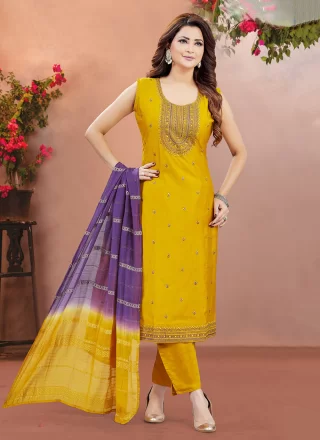Silk Salwar Suit In Yellow Color
