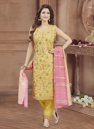 Silk Salwar Suit In Yellow Color