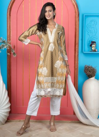 Silk Salwar Suit with Floral Patch, Jacquard and Mirror Work