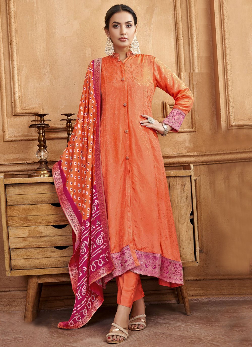 Silk Salwar Suit with Lace and Weaving Work Silk Salwar Suit with Lace and Weaving Work