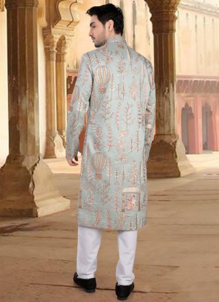 Silk Sherwani Mens Wear In Blue and Grey Color
