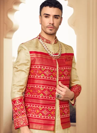 Silk Sherwani Mens Wear In Cream Color