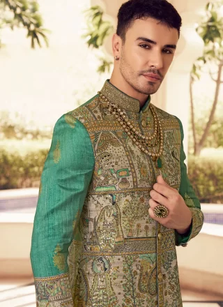 Silk Sherwani Mens Wear In Green Color