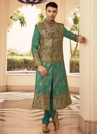 Silk Sherwani Mens Wear In Green Color