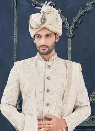 Silk Sherwani Mens Wear In Off White Colour