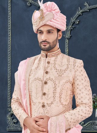 Silk Sherwani Mens Wear In Peach Colour