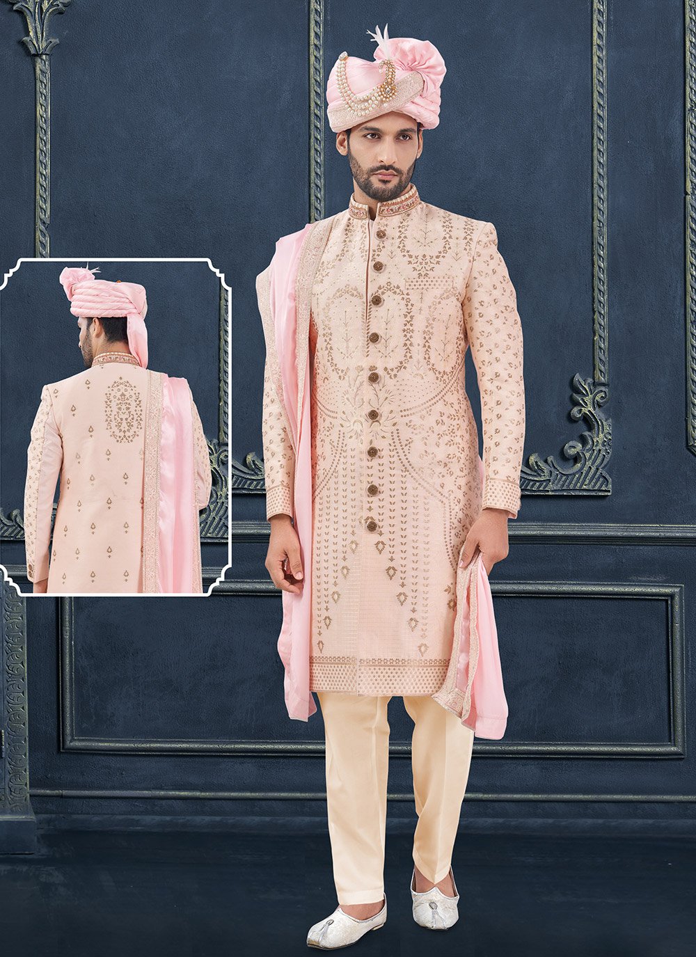 Shop Online Silk Sherwani Mens Wear In Peach 309708