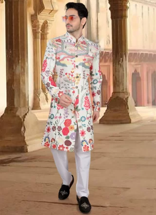 Silk Sherwani Mens Wear In White Color