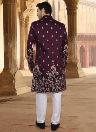 Silk Sherwani Mens Wear In Wine Color