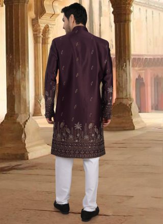 Silk Sherwani Mens Wear In Wine Color
