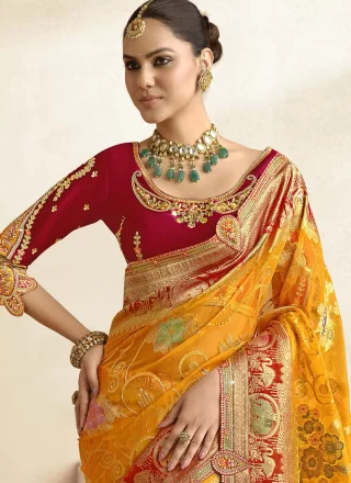 Silk Traditional Saree with Cut, Jacquard, Lace, Stone, Weaving and Zari Work