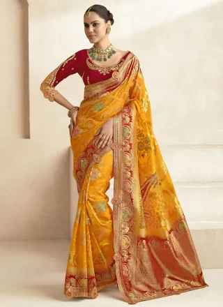 Silk Traditional Saree with Cut, Jacquard, Lace, Stone, Weaving and Zari Work