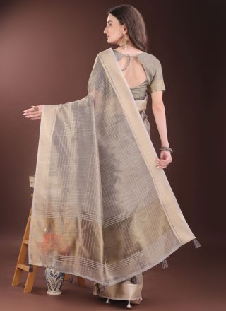 Silver Organza Trendy Saree with Jacquard Work