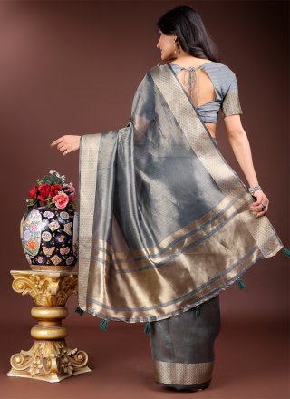 Silver Organza Weaving Work Classic Sari for Casual