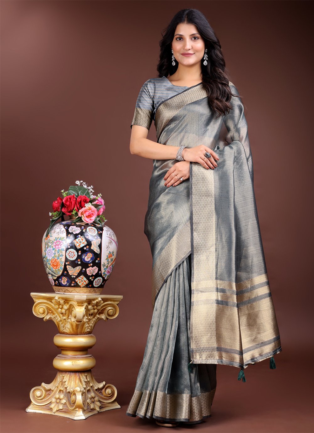 Silver Necklace Set Saree and Silver Necklace Set Sari Online Shopping