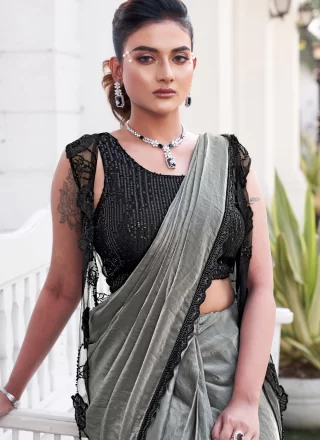 Silver Satin Silk Contemporary Saree