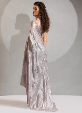 Silver Satin Silk Cut, Foil Print and Zircon Work Classic Saree