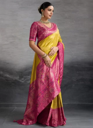 Simplistic Mustard Kanjivaram Silk Traditional Saree with Meenakari, Woven and Zari Work