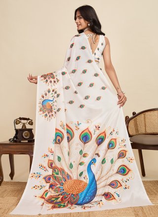 Simplistic Off White Chinon Contemporary Sari