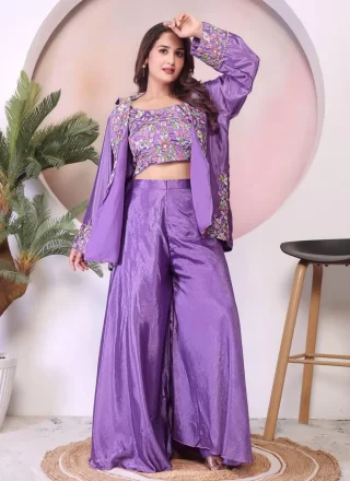 Snazzy Lavender Chinon Readymade Salwar Suit with Embroidered and Sequins Work