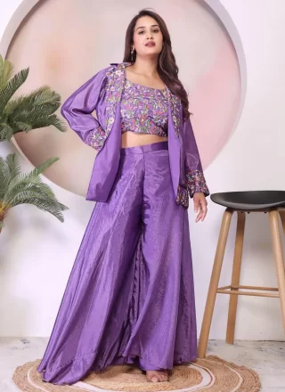 Snazzy Lavender Chinon Readymade Salwar Suit with Embroidered and Sequins Work