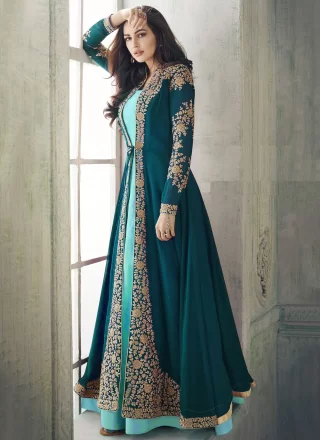 Snazzy Morpeach and Teal Faux Georgette Floor Length Salwar Suit with Embroidered and Zari Work