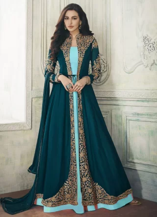 Snazzy Morpeach and Teal Faux Georgette Floor Length Salwar Suit with Embroidered and Zari Work