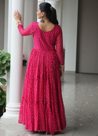 Snazzy Pink Faux Georgette  Designer Gown with Mirror, Patch Border, Print and Thread Work
