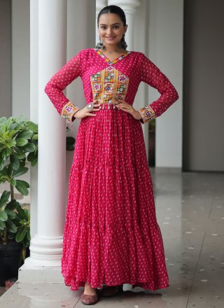 Snazzy Pink Faux Georgette  Designer Gown with Mirror, Patch Border, Print and Thread Work