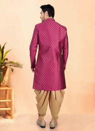 Sophisticated Magenta Jacquard Indo Western with Buttons and Fancy Work