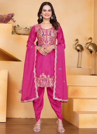 Sorcerous Pink Chinon Patiala Suit