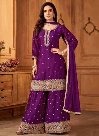 Sorcerous Purple Silk Readymade Salwar Suit with Embroidered and Zari Work