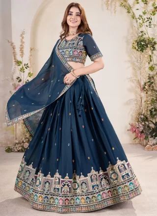 Sparkling Blue Georgette A - Line Lehenga Choli with Embroidered, Sequins and Zari Work