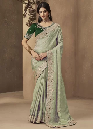 Specialised Green Silk Traditional Saree with Cord, Embroidered, Sequins and Thread Work