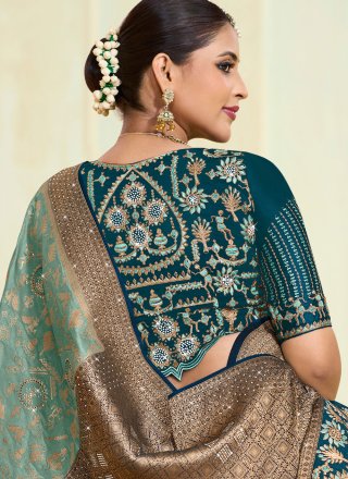 Spectacular Aqua Blue Silk Trendy Saree with Paisley Print, Stone, Weaving and Zari Work