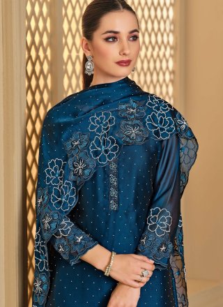 Spectacular Blue Georgette Salwar Suit with Embroidered and Swarovski Work