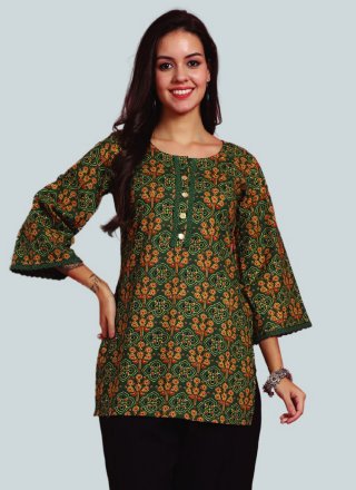 Spellbinding Green Cotton Party Wear Kurti with Floral Patch Work