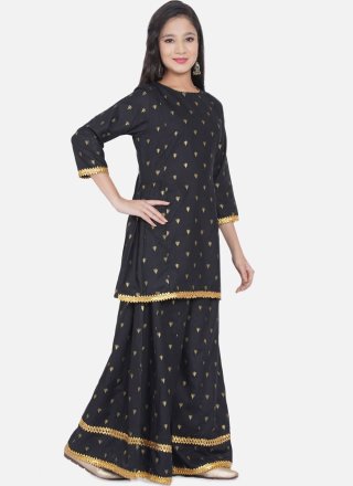 Splendid Black Rayon Casual Kurti with Lace and Print Work