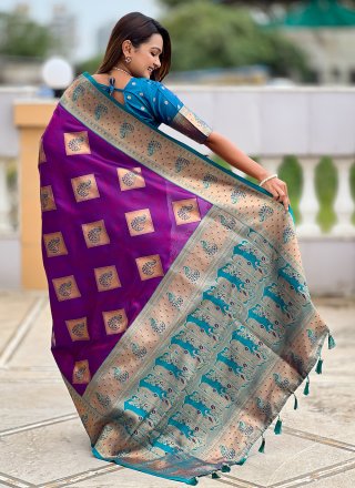 Splendid Magenta Banarasi Silk Contemporary Sari with Meenakari and Woven Work