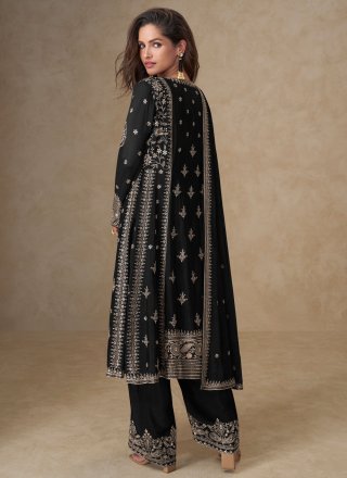 Staggering Black Chinon Readymade Salwar Suit with Embroidered Work