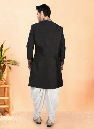 Sterling Black Silk Indo Western with Buttons and Lace Work