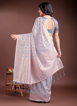 Sterling Grey Cotton Classic Sari with Weaving Work