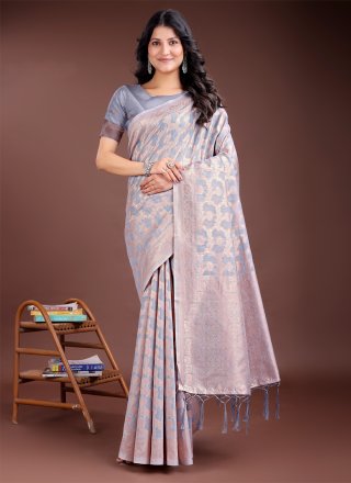 Sterling Grey Cotton Classic Sari with Weaving Work