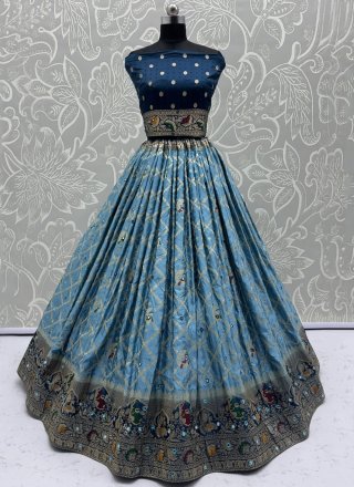 Striking Blue Georgette Satin A - Line Lehenga Choli with Fancy, Jacquard, Mirror and Zari Work