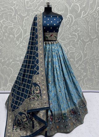 Striking Blue Georgette Satin A - Line Lehenga Choli with Fancy, Jacquard, Mirror and Zari Work