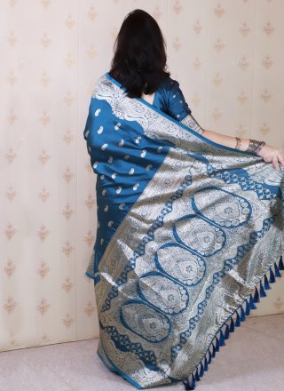 Striking Teal Banarasi Silk Trendy Saree with Woven Work