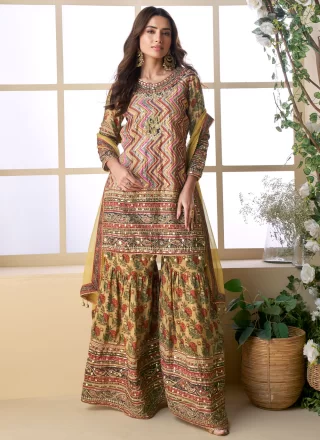 Stylish Multi Colour Viscose Palazzo Salwar Suit with Embroidered, Gota and Hand Work