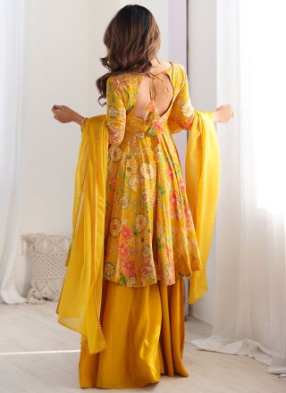 Suave Yellow Chanderi Silk Anarkali Suit with Floral Patch Work