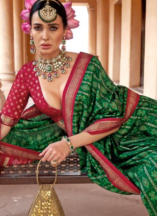 Sunshine Green Silk Traditional Saree with Patola Print Work