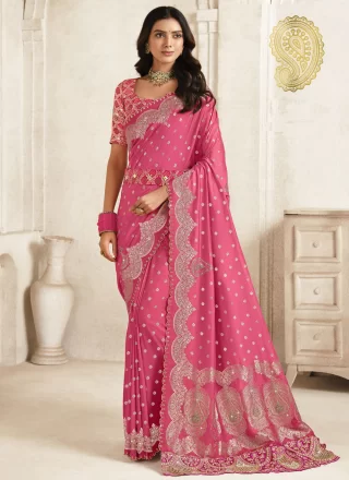 Superb Pink Silk Traditional Saree with Cut, Embroidered, Jacquard and Stone Work